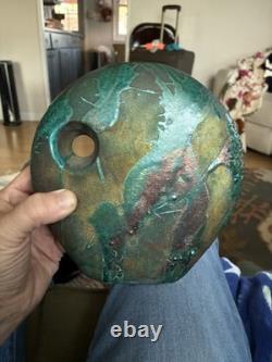 Vintage RAKU Art Round Vase Green Copper Iridescent Signed William K Turner 7