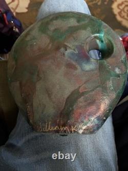 Vintage RAKU Art Round Vase Green Copper Iridescent Signed William K Turner 7