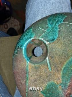 Vintage RAKU Art Round Vase Green Copper Iridescent Signed William K Turner 7