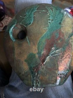 Vintage RAKU Art Round Vase Green Copper Iridescent Signed William K Turner 7