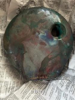 Vintage RAKU Art Round Vase Green Copper Iridescent Signed William K Turner 7