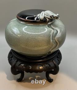 Vintage RARE Jan Wax Studio Pottery Frog On The Lid Celadon Crackle-Glazed Jar