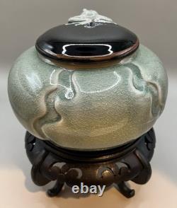 Vintage RARE Jan Wax Studio Pottery Frog On The Lid Celadon Crackle-Glazed Jar