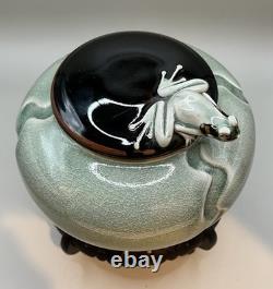 Vintage RARE Jan Wax Studio Pottery Frog On The Lid Celadon Crackle-Glazed Jar