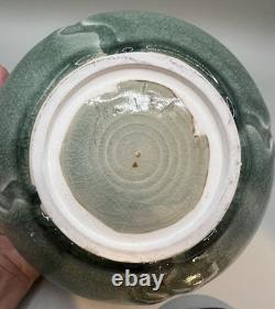 Vintage RARE Jan Wax Studio Pottery Frog On The Lid Celadon Crackle-Glazed Jar