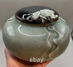 Vintage RARE Jan Wax Studio Pottery Frog On The Lid Celadon Crackle-Glazed Jar
