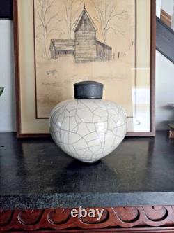 Vintage Rae Mackey Signed Studio Pottery Raku Jar Vase with Carved Lid 9 x 10