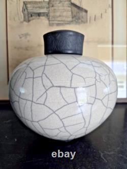 Vintage Rae Mackey Signed Studio Pottery Raku Jar Vase with Carved Lid 9 x 10