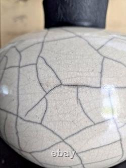 Vintage Rae Mackey Signed Studio Pottery Raku Jar Vase with Carved Lid 9 x 10