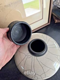 Vintage Rae Mackey Signed Studio Pottery Raku Jar Vase with Carved Lid 9 x 10