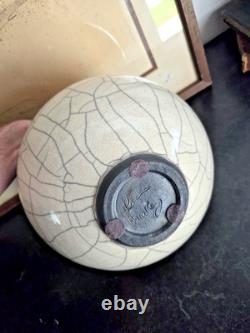 Vintage Rae Mackey Signed Studio Pottery Raku Jar Vase with Carved Lid 9 x 10