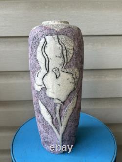 Vintage Raku Purple White Flower Crackle Tall Studio Art Pottery Vase 12