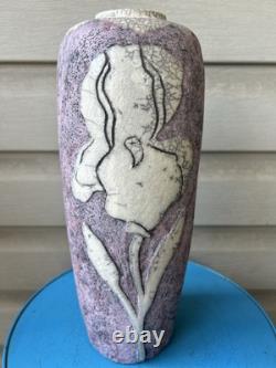Vintage Raku Purple White Flower Crackle Tall Studio Art Pottery Vase 12