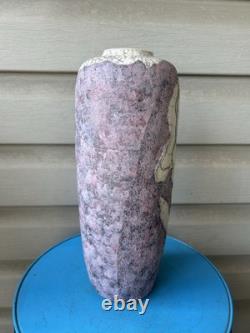 Vintage Raku Purple White Flower Crackle Tall Studio Art Pottery Vase 12