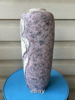 Vintage Raku Purple White Flower Crackle Tall Studio Art Pottery Vase 12