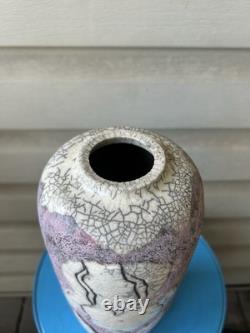Vintage Raku Purple White Flower Crackle Tall Studio Art Pottery Vase 12