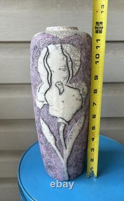 Vintage Raku Purple White Flower Crackle Tall Studio Art Pottery Vase 12
