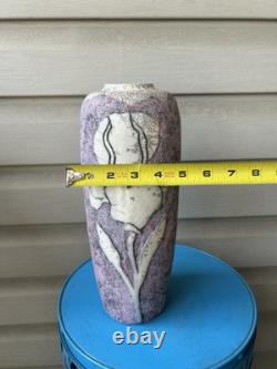 Vintage Raku Purple White Flower Crackle Tall Studio Art Pottery Vase 12