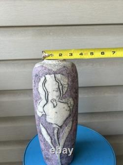 Vintage Raku Purple White Flower Crackle Tall Studio Art Pottery Vase 12