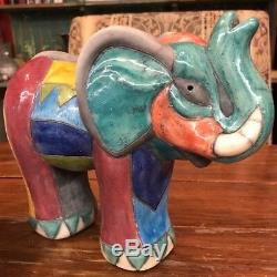 Vintage Raku Studio Art Pottery ELEPHANT FIGURINE Glaze Signed 7.75X10x5