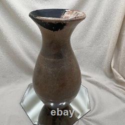 Vintage Raku Studio Art Pottery Vase Hand Built Brown Crackle Black Distressed