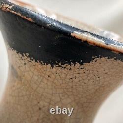 Vintage Raku Studio Art Pottery Vase Hand Built Brown Crackle Black Distressed