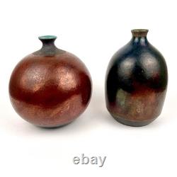 Vintage Raku Weed Vases Copper Glaze Turquoise Accent