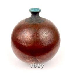 Vintage Raku Weed Vases Copper Glaze Turquoise Accent