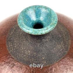 Vintage Raku Weed Vases Copper Glaze Turquoise Accent