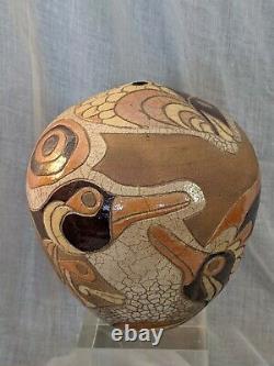 Vintage Randy Brodnax Art Studio Pottery Vase with Birds & a Fish