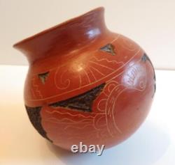 Vintage Red Clay Pottery Etched Round Bottom Vase