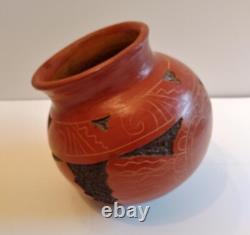 Vintage Red Clay Pottery Etched Round Bottom Vase