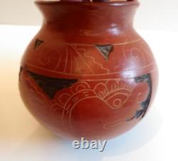 Vintage Red Clay Pottery Etched Round Bottom Vase