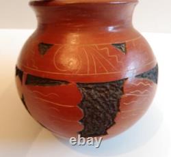 Vintage Red Clay Pottery Etched Round Bottom Vase