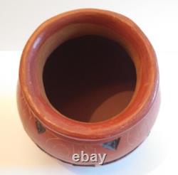 Vintage Red Clay Pottery Etched Round Bottom Vase