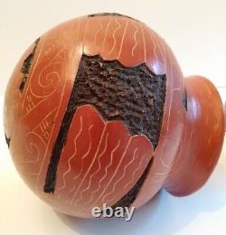 Vintage Red Clay Pottery Etched Round Bottom Vase