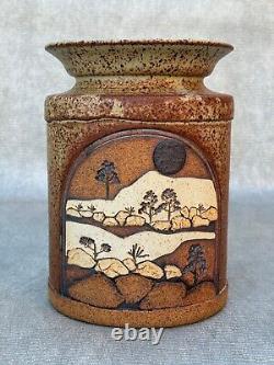 Vintage Rick Schlag Studio Pottery Vase Southwestern Landscape Black Sun Signed