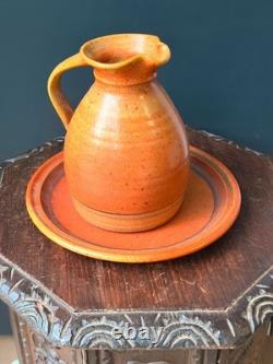 Vintage Robert Crystal Vermont Studio Pottery Pitcher Platter Set Orange Glaze
