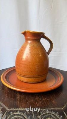 Vintage Robert Crystal Vermont Studio Pottery Pitcher Platter Set Orange Glaze