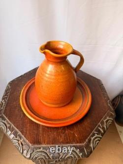 Vintage Robert Crystal Vermont Studio Pottery Pitcher Platter Set Orange Glaze