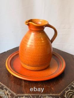 Vintage Robert Crystal Vermont Studio Pottery Pitcher Platter Set Orange Glaze