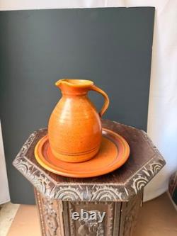 Vintage Robert Crystal Vermont Studio Pottery Pitcher Platter Set Orange Glaze
