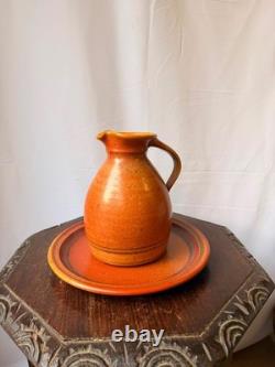 Vintage Robert Crystal Vermont Studio Pottery Pitcher Platter Set Orange Glaze