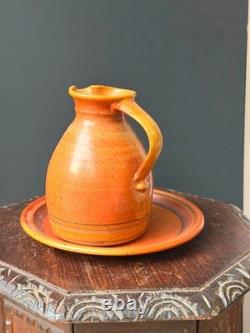 Vintage Robert Crystal Vermont Studio Pottery Pitcher Platter Set Orange Glaze