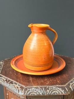 Vintage Robert Crystal Vermont Studio Pottery Pitcher Platter Set Orange Glaze