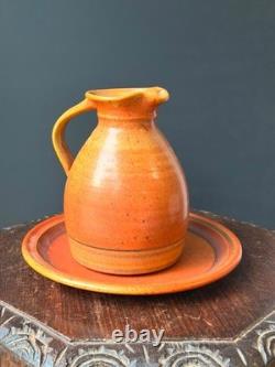 Vintage Robert Crystal Vermont Studio Pottery Pitcher Platter Set Orange Glaze