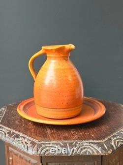 Vintage Robert Crystal Vermont Studio Pottery Pitcher Platter Set Orange Glaze