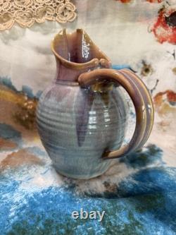 Vintage Robin Morris Dunnmorr Studio Art Pottery Blue Drip Glaze LG 9.5Pitcher