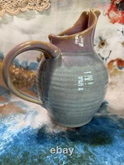 Vintage Robin Morris Dunnmorr Studio Art Pottery Blue Drip Glaze LG 9.5Pitcher