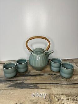 Vintage SIGNED Tom Turner Studio Art Pottery Porcelain Tea Pot 1979 + 4 Cups